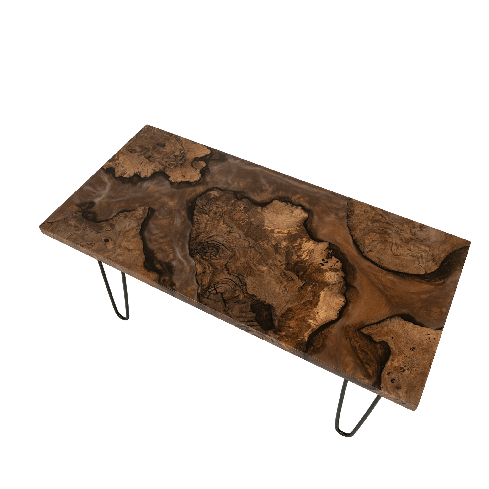 Claro Walnut Burl coffee table with natural wood variations. Brown epoxy resin with black legs. By Urban Industrial Design.