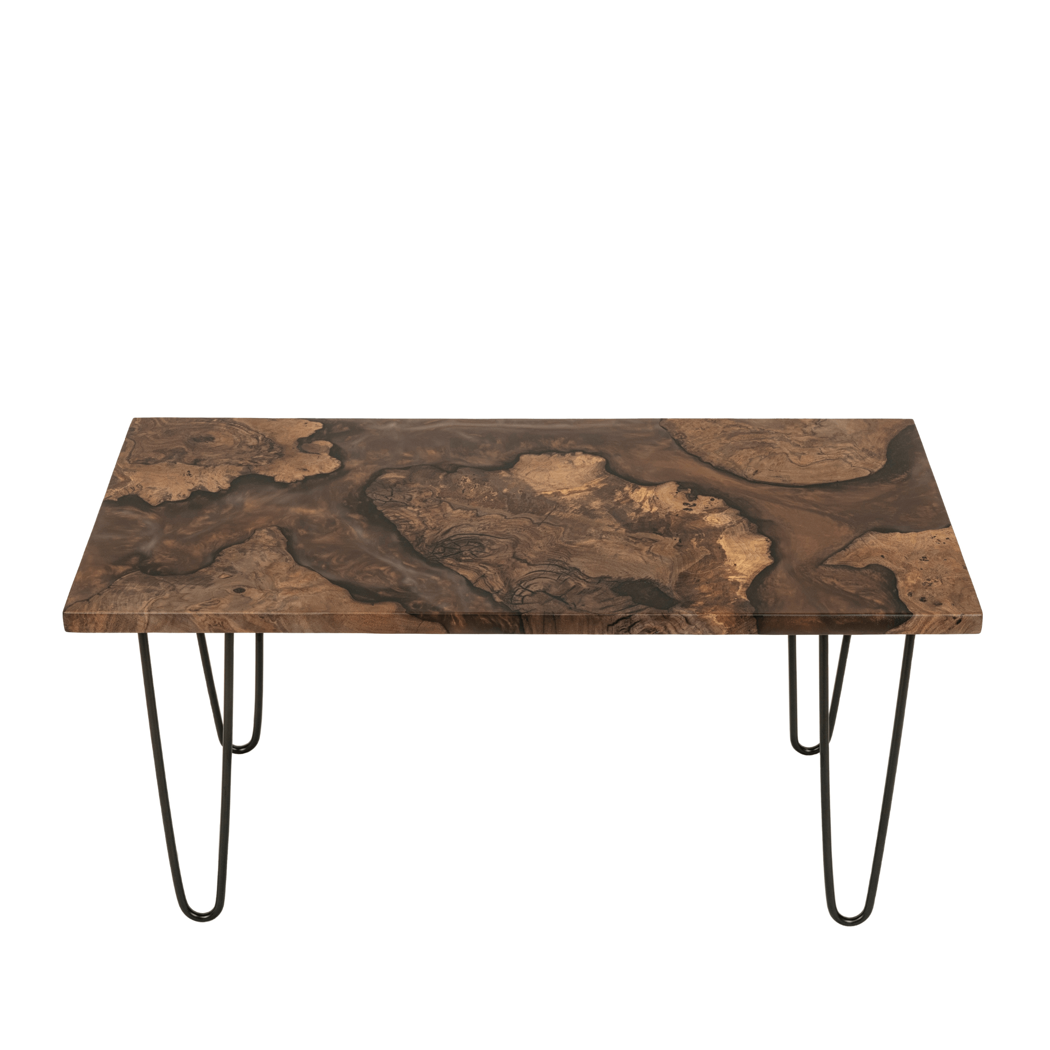 Claro Walnut Burl coffee table with natural wood variations. Brown epoxy resin with black legs. By Urban Industrial Design.