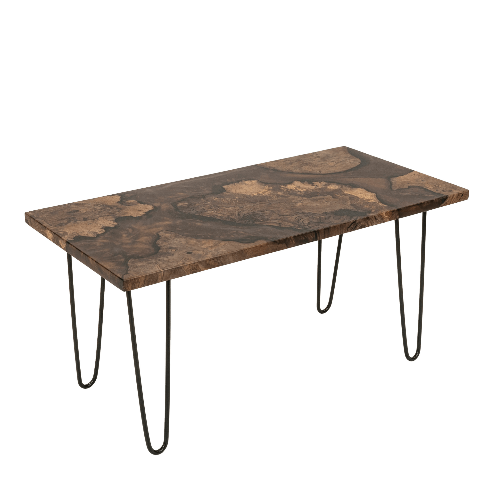 Claro Walnut Burl coffee table with natural wood variations. Brown epoxy resin with black legs. By Urban Industrial Design.