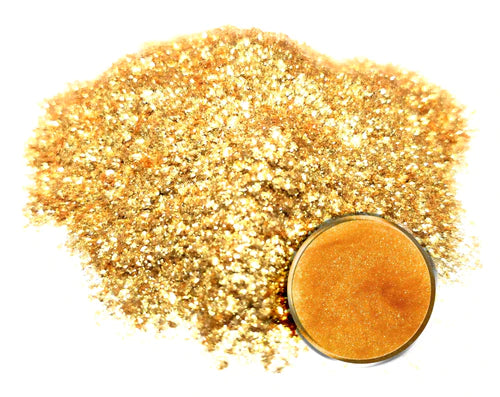 Powdered pigment by eye candy pigments for epoxy resin projects. In the color 14k Gold Nugget.