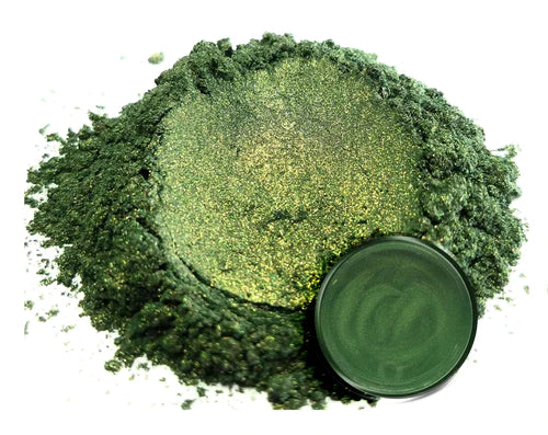 Powdered pigment by eye candy pigments for epoxy resin projects. In the color Bonsai Green.