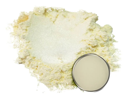 Powdered pigment by eye candy pigments for epoxy resin projects. In the color Ghost Gold.