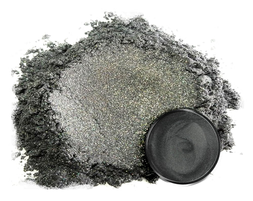 Powdered pigment by eye candy pigments for epoxy resin projects. In the color Japanese Steel.