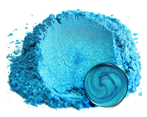 Powdered pigment by eye candy pigments for epoxy resin projects. In the color Okinawa Blue.