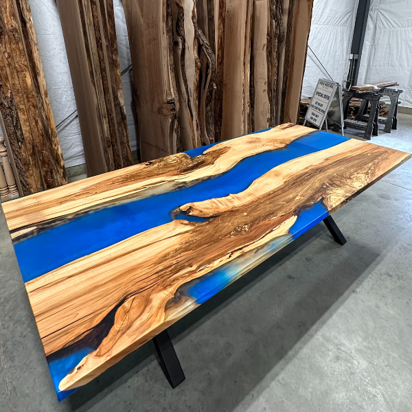 Spalted Maple table with blue resin river design