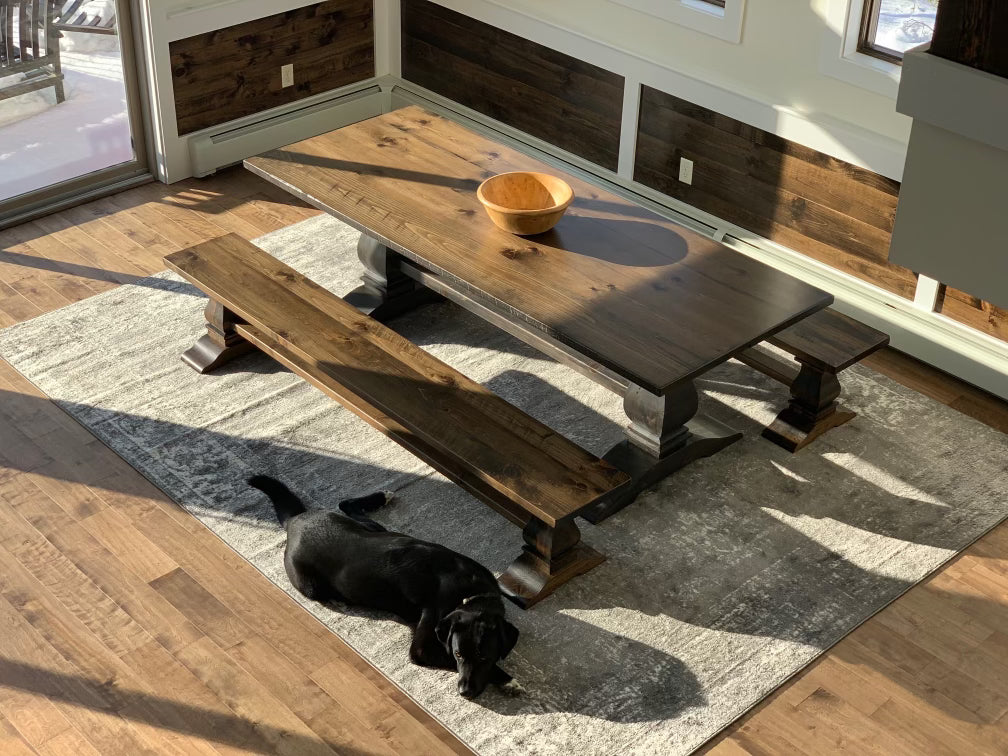 White oak kitchen table with bench seating for six.