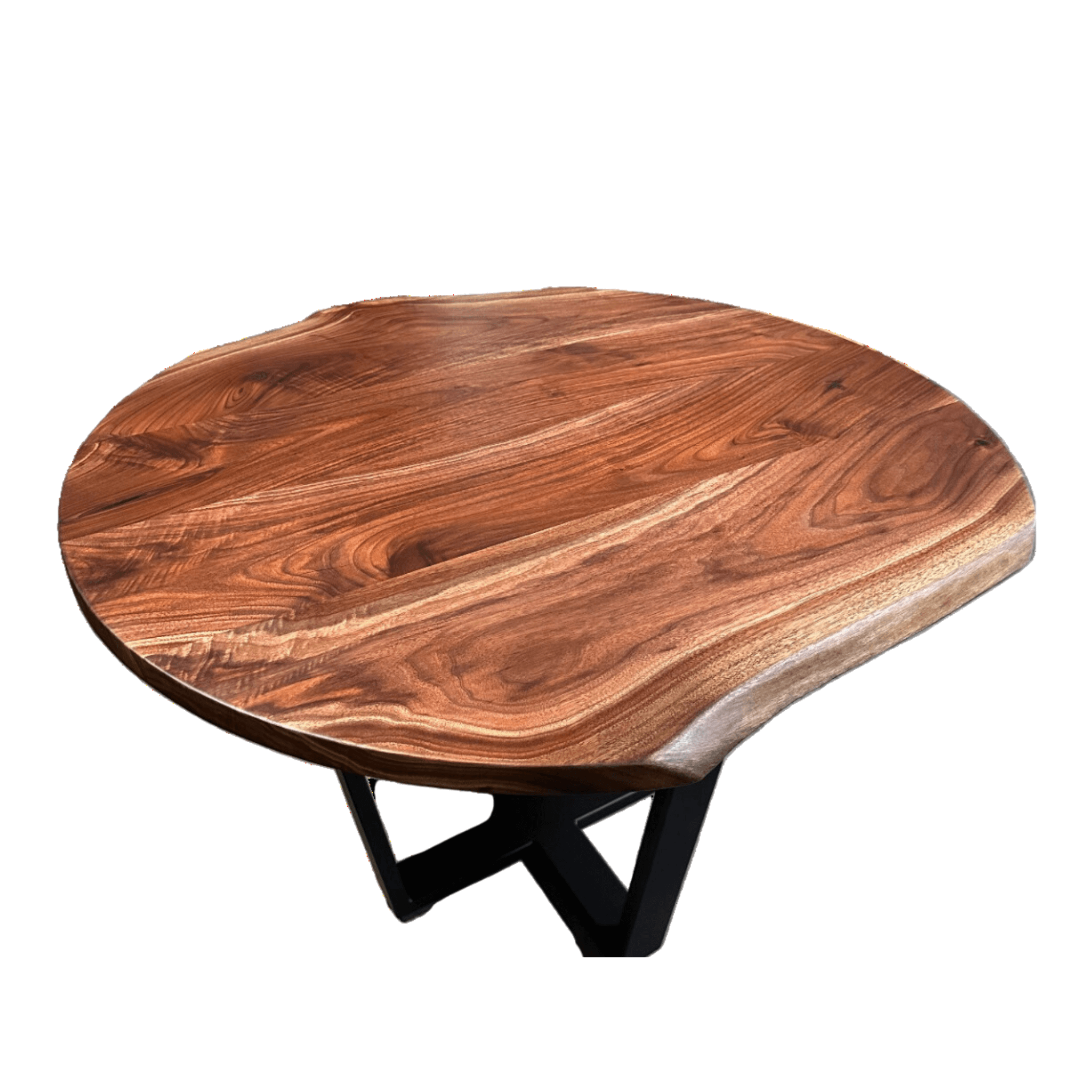 Live edge walnut round dining table. Created by Urban Industrial Design.