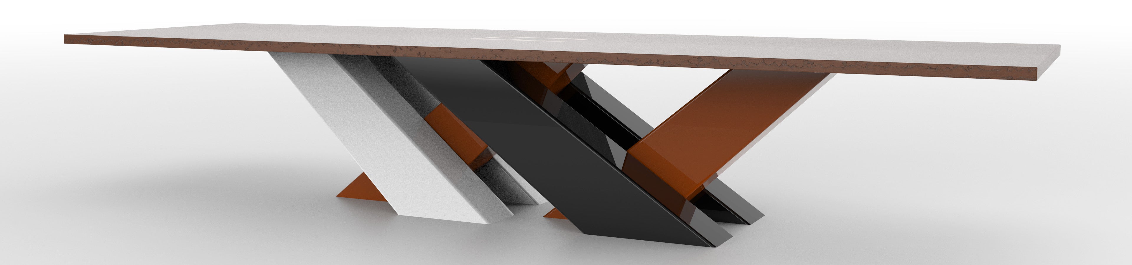 3D rendering of a custom conference table with black, white, and orange-brown legs. 