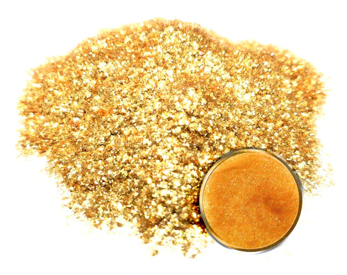 Powdered pigment by eye candy pigments for epoxy resin projects. In the color 14k Gold Nugget. 