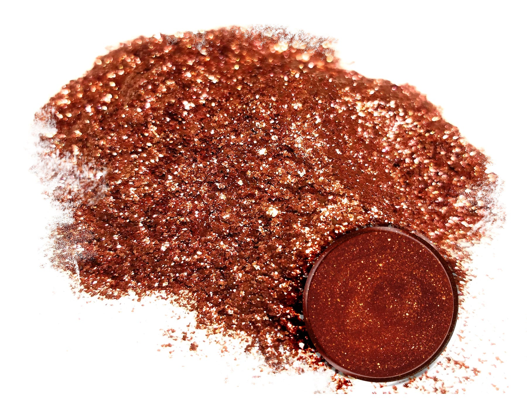 Powdered pigment by eye candy pigments for epoxy resin projects. In the color Penny Copper.